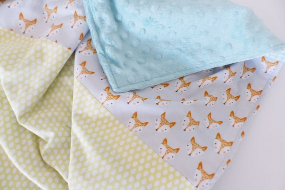 Cover Plaid Baby Patchwork fabrics pattern FOXES/ drops gray-pale yellow-green mint- 85 x 70 cm - minky mint/ birth gift