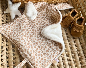 Rabbit comforter PETIT GRAOU Gauze/Ecru fur back - 27 cm x 27 cm - birth gift - In stock