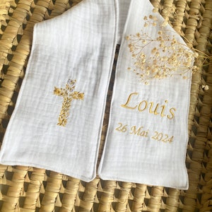 Écharpe étole de Baptême personnalisable -BLANC Pur Gaze de Coton - Broderie
