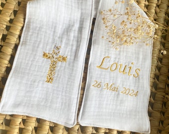 Customizable Baptism Stole Scarf - WHITE Pure Cotton Gauze - Embroidery