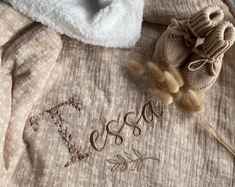 Small WARM Blanket - 80 x 70 cm Beige foliage cotton gauze / Sherpa milk - Embroidered and Personalized first name - WINTER birth blanket
