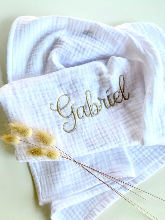 LANGE PURE WHITE or ECRU - Triple Cotton Gauze - Embroidery First Name - Choice - Birth Gift - Baby Swaddling Blanket