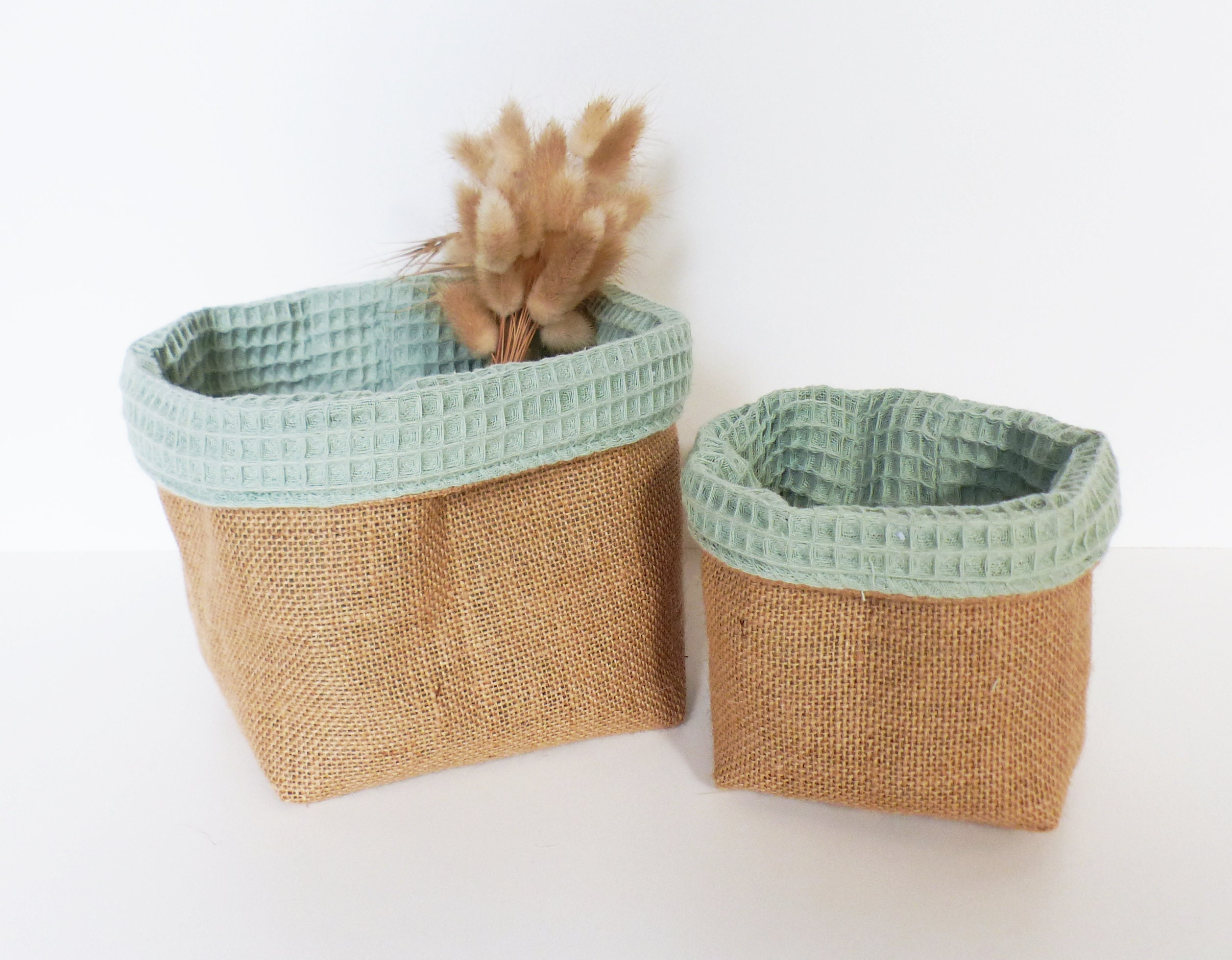 Lot 2 Paniers de Rangement/Cache-Pots Jute Nid d'abeille Vert - 14 X cm Déco Maison- Vide-Poche Pani