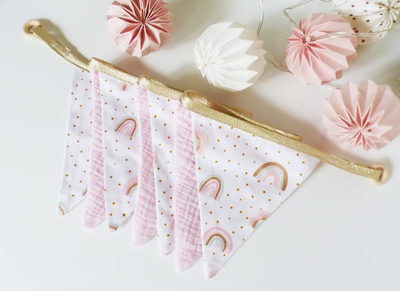 Garland 7 pennants in Rainbow Fabric Gaze PINK / green / GOLD - Decoration room little girl - gift idea - birth gift