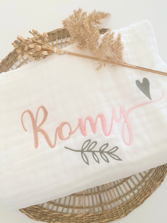 Baby blanket Embroidered cotton gauze and Personalized first name / date- birth cover