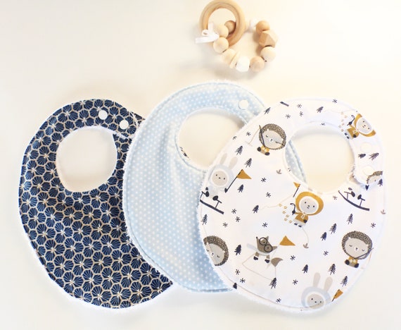 LOT of 3 BIBS BIRTH / 12 Months - ESQUIMO fabrics / Sky blue / blue / Sponge - birth gift - classic bibs
