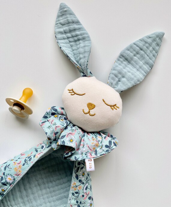 Large Doudou LAPIN FLOWERS Green / gauze cotton green sage - 55 cm - optional embroidery
