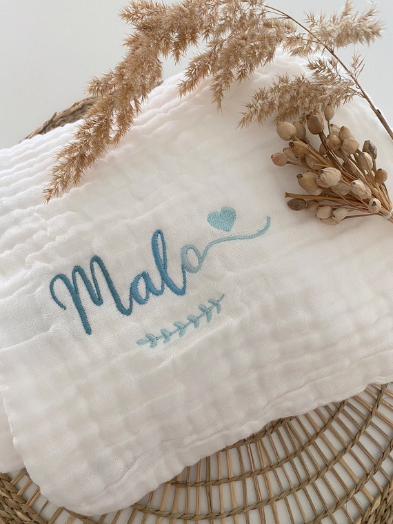 Baby blanket Embroidered cotton gauze and Personalized first name / date- birth cover
