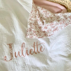 Small Lightweight Blanket 80 x 70 cm - White cotton gauze / OLD Pink Flowers - Personalized Floral Letter - mid-season summer blanket
