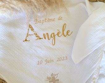 LANGE BAPTÊME Brodé Blanc Pur Triple Gaze Coton - Broderie INITIALE Fleurie + prénom + Date + croix  - Personnalisation au Choix