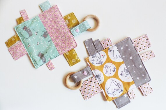 DOUDOUS square labels in fabrics / minkee back - THE CHOICE - birth gift - lollipop fastener - teething ring