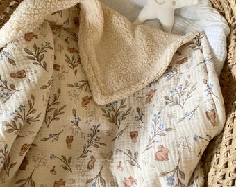 Piccola coperta calda a forma di coniglio - 80x70 cm - Garza di cotone / Sherpa ecrù - Pronta all'uso - Coperta invernale per neonati