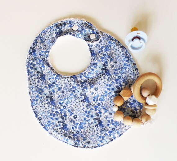 Baby bib 0 / 12 Months -Fabric Blue Flowers style Liberty / White bamboo sponge - oekotex - gift idea birth .