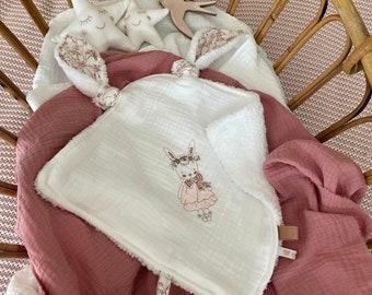 Doudou Lapinette IZA - Broderie- Gaze / Dos Sherpa milk - Oreilles 7 - 27 cm x 27 cm - cadeau naissance - En stock