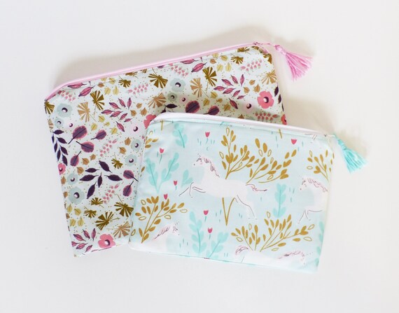 Padded pouch bag, fabrics LICORNES/flowers pink/Mint/gold-au Choix-makeup Kit-Oekotex-gift idea-liberty