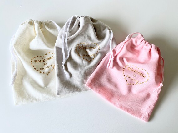Embroidered linen pouch WELCOME to the World - 28 X 30 cm - Choice - sliding bag - birth pouch