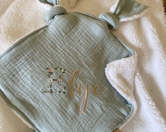 Rabbit ears comforter in water green gauze / Sherpa Milk back - 27 cm x 27 cm - birth gift - embroidery - gauze comforter