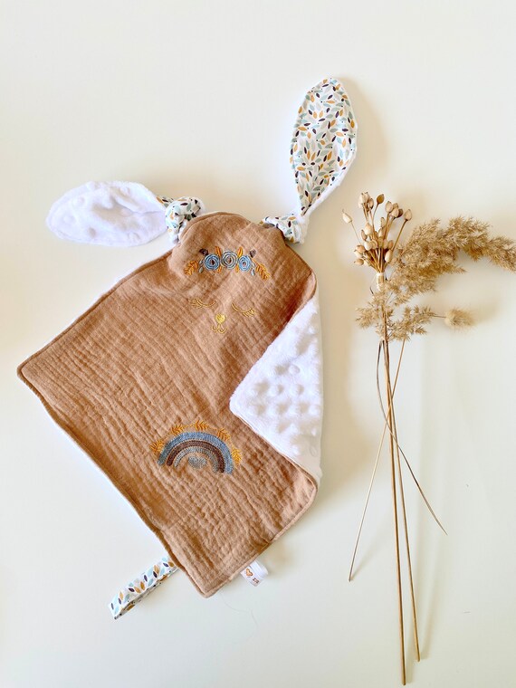 Blanket square Rabbit Embroidered GAZE BEIGE / Back Minky WHITE - 27 cm x 27 cm - gift birth