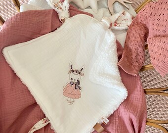 Doudou Lapinette IZA - Embroidery - Gauze / Sherpa milk back - Ears 5 - 27 cm x 27 cm - birth gift - In stock