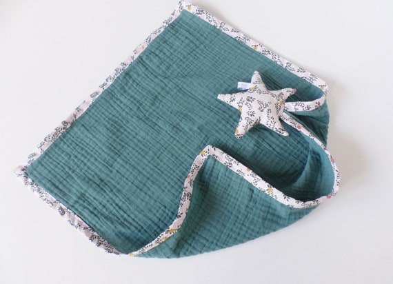 Doudou Lange Cotton Gaze VERT Ecalyptus / ETOILE pink foliage - 40 cm x 40 cm - oekotex - birth gift