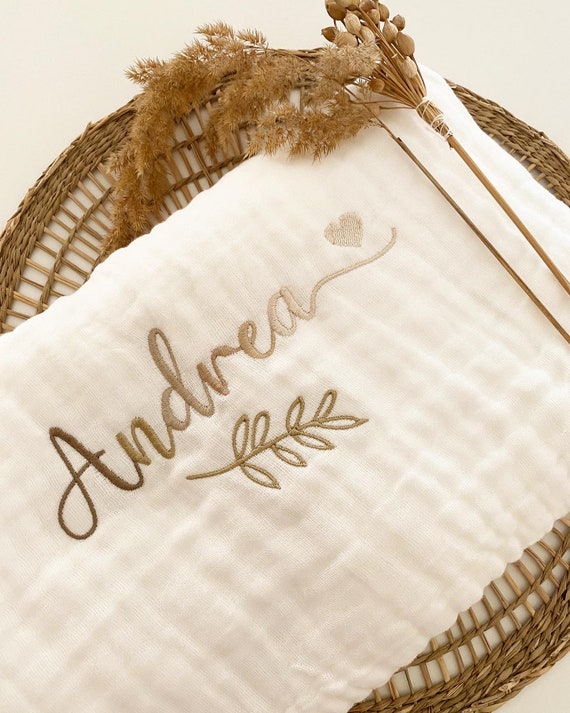 Baby blanket Embroidered cotton gauze and Personalized first name / date- birth cover