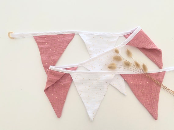 Garland 7 pennants in double gauze Pea gold ROSE Tea / WHITE pea gold - Decoration baby room - gift idea - birth gift