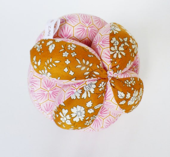 Gripping ball / ball Montessori ROSE / LIBERTY Capel yellow mustard - baby awakening ball - Oekotex - birth gift idea