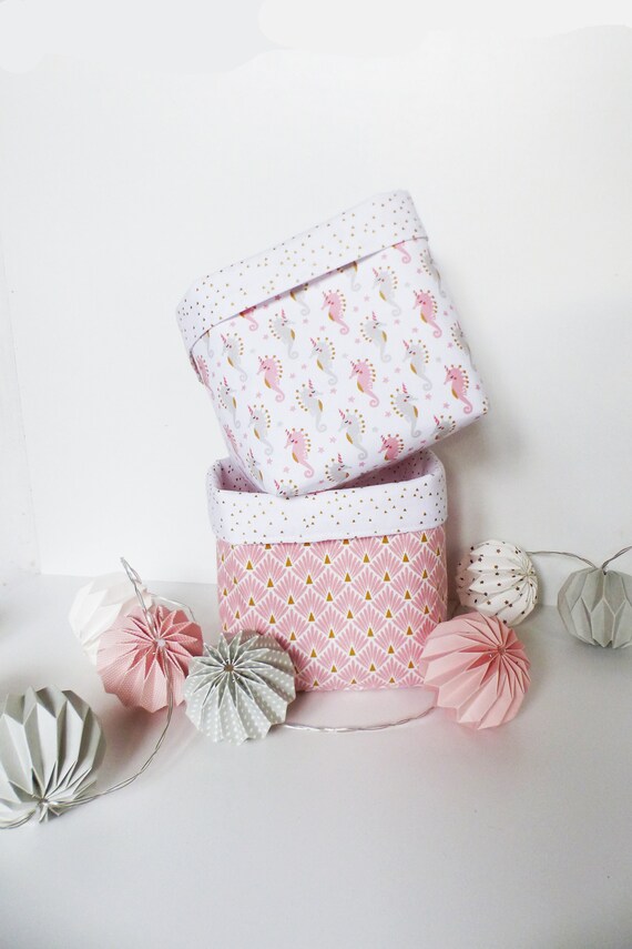 Storage basket / basket changing table Of your choice - 15 x 13 cm - PINK fabrics / Gold / Unicorns - decoration little girl - birth gift