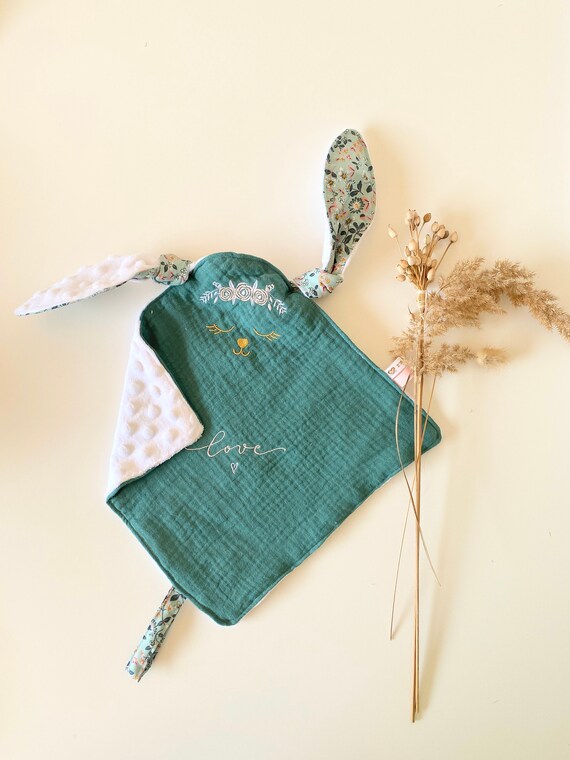 Blanket square Rabbit Embroidered GAZE Green Eucalytus / Back Minky WHITE - 27 cm x 27 cm - gift birth