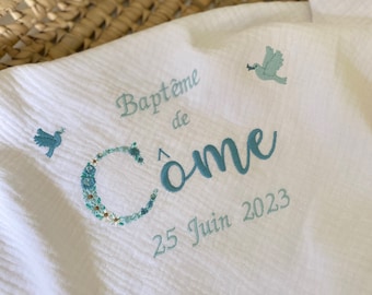 LANGE BAPTÊME Brodé Blanc Pur Triple Gaze Coton - Broderie INITIALE Fleurie + prénom + Date + oiseaux - Personnalisation au Choix