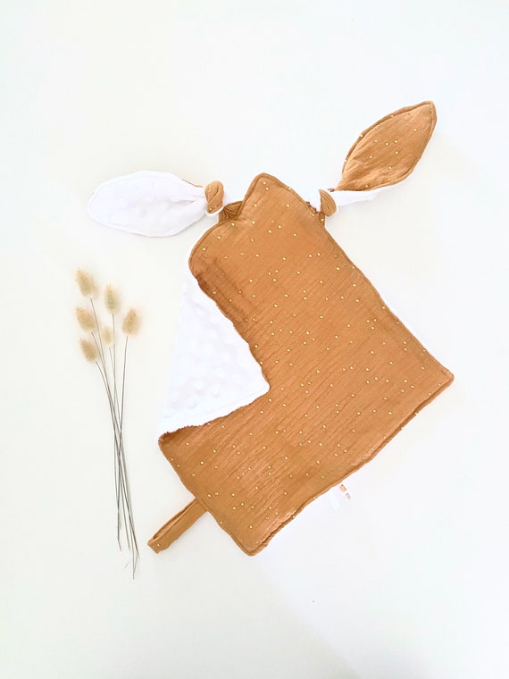 Square blanket with rabbit ears GAZE Camel Pea gold / Back Minky WHITE - 27 cm x 27 cm - birth gift