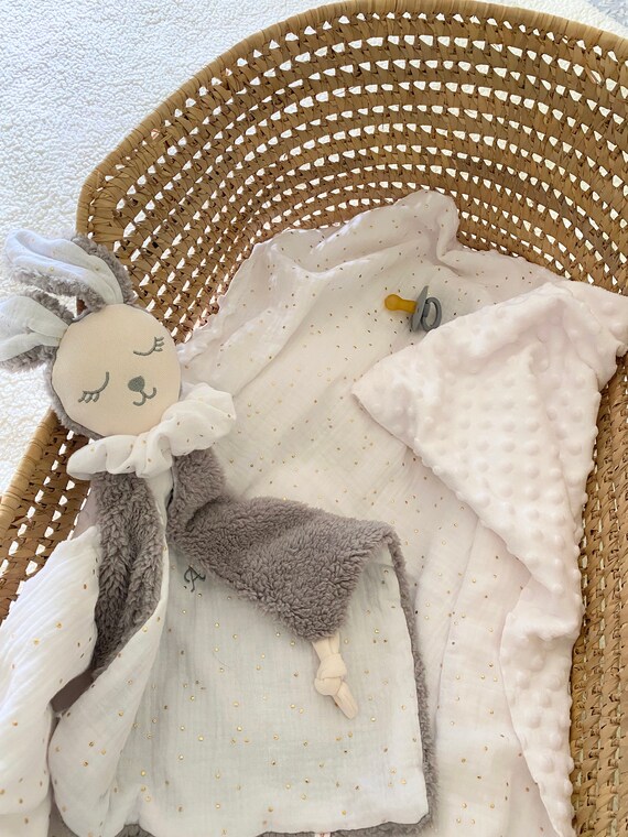 Baby blanket, in double cotton gauze POIS Gold and Minky WHITE - personalized embroidery first name - birth gift