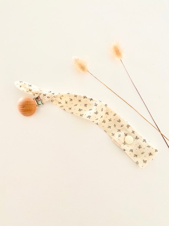 Customizable Knotted nipple attachment - Cotton GAUZE / WOOD - FOLIAGE ECRUE - birth gift idea - cuddly toy attachment - lollipop attachment