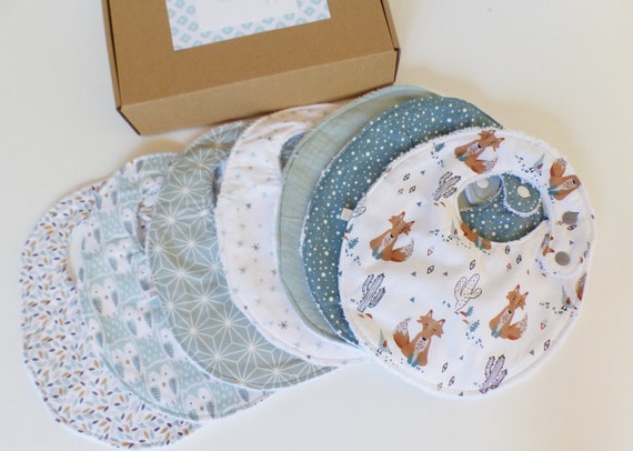 Baby box semainier de bavoirs Vert / BLEU / Renard - Box naissance / Coffret naissance mixte / 7 bibs baby OEKOTEX