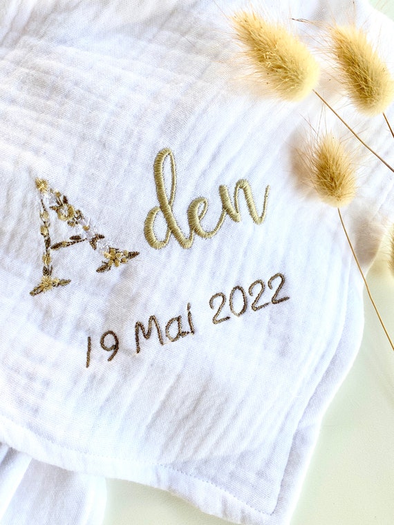 LANGE PURE WHITE or ECRU Initial flower + first name + Date - Triple Gauze Cotton Embroidery - Choice -birth - baby swaddling blanket