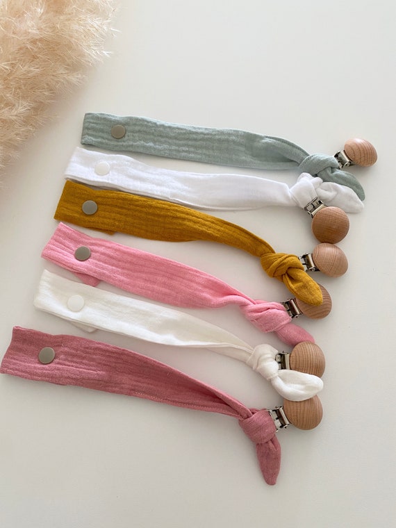 Personalized Knotted Nipple Attachment - Cotton GAZE / WOOD - Oekotex - Birth gift - cuddly toy attachment - lollipop attachment - embroidered first name