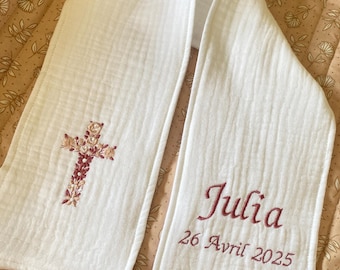 Écharpe étole de Baptême personnalisable -BLANC Pur Gaze de Coton - Broderie