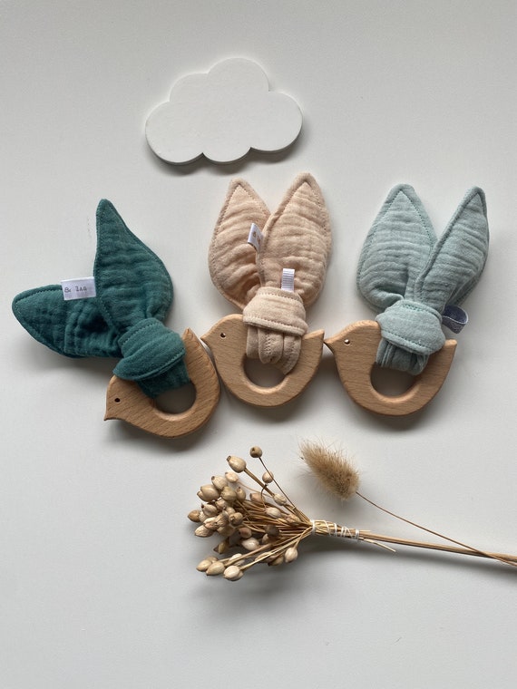 Rattle / Teething ring Montessori wood and fabrics Double Cotton Gauze - OEKOTEX - baby gift - Bird - CHOICE