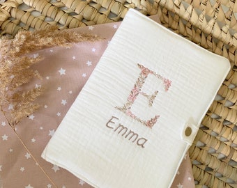 EMBROIDERED health record cover - Embroidered and Personalized MILK cotton gauze - Embroidered floral initial + first name
