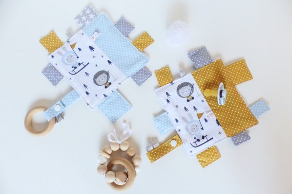 DOUDOUS square fabric labels / grey minkee back - THE CHOICE - birth gift - lollipop fastener - teething ring -