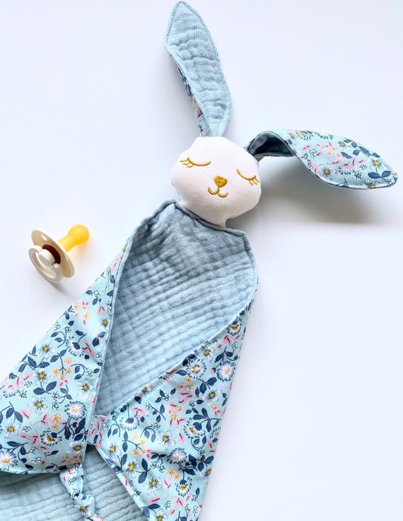Doudou RABBIT FABRIC Green flowers / green cotton gauze