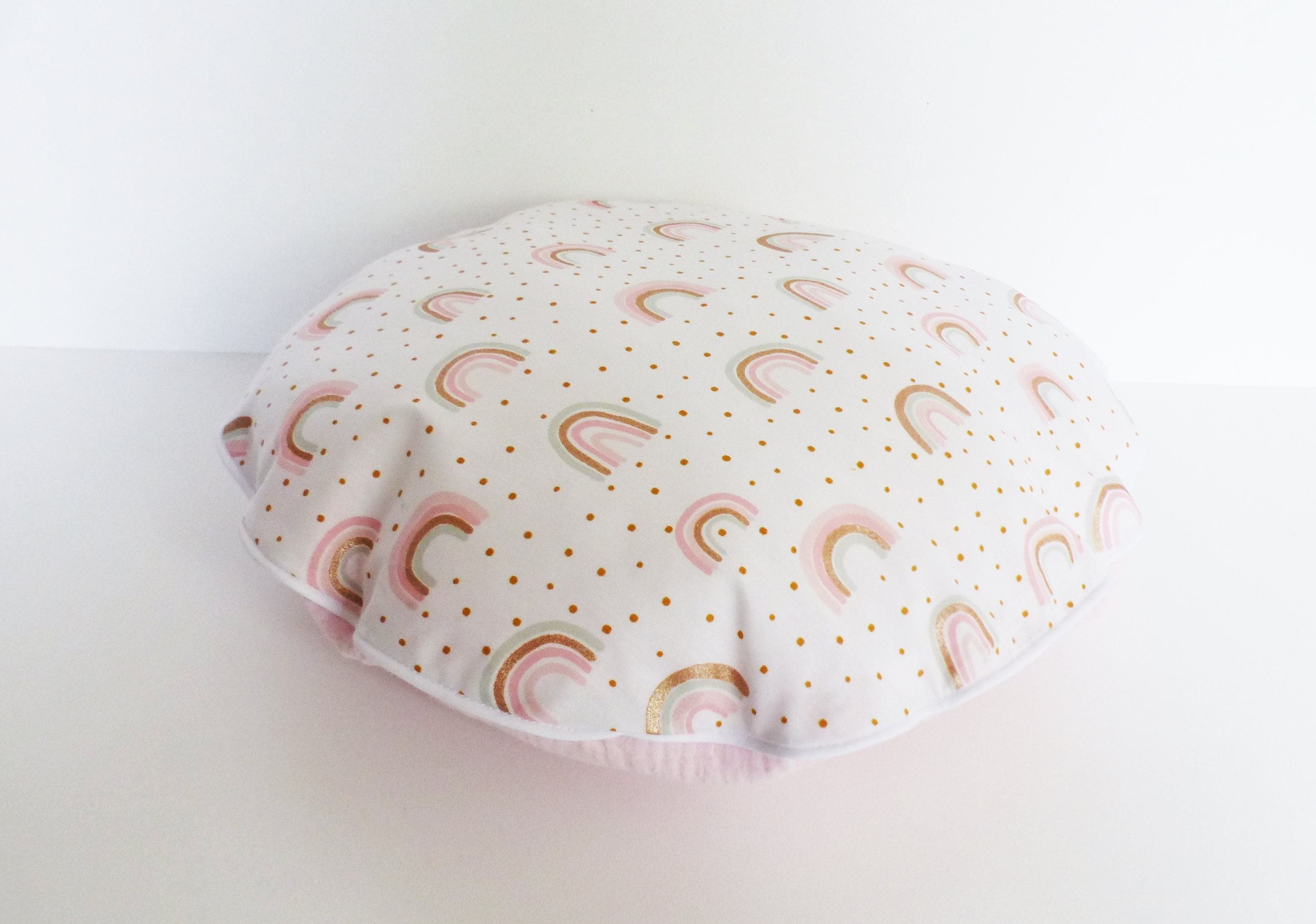 Coussin Rond Réversible - Tissus à Motifs Rainbow Rose Or/Gaze Coton Rose Déco Salon- Maison Idée Ca