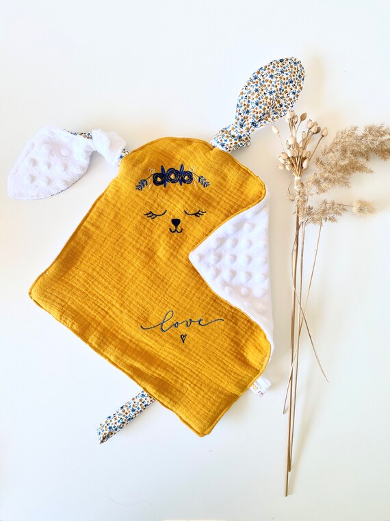Blanket square Rabbit Embroidered GAZE MUSTARD / Back Minky WHITE - 27 cm x 27 cm - gift birth