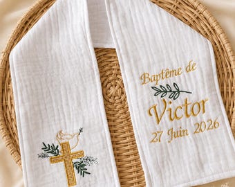 Écharpe étole de Baptême personnalisable -BLANC Pur Gaze de Coton - Broderie