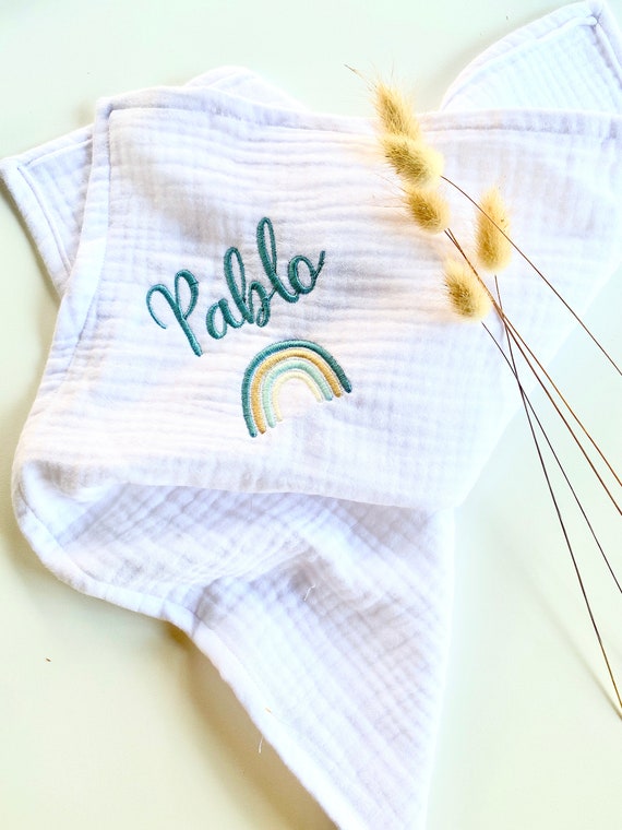 LANGE Pure WHITE or ECRU- Triple Cotton Gauze - Embroidery First Name + Rainbow - Choice - Birth gift - baby swaddling blanket