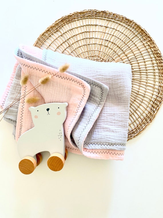 Baby plaid cotton gauze PINK / GREY - 110 cm x 90 cm - birth gift - light cover - Customizable embroidery