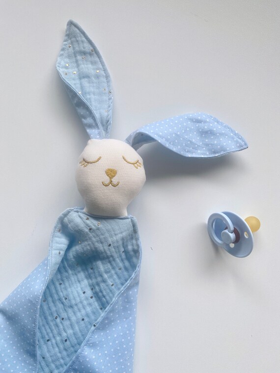 Doudou LAPIN FABRIC Blue Sky polka dots / cotton gauze sky pea gold - First name Embroidered to order