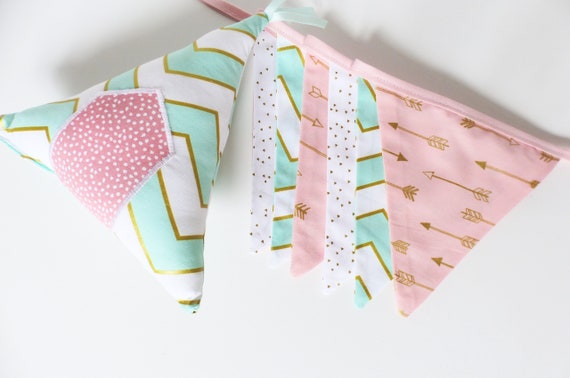 Garland Pink Fabric Pennants Gold White Little Girl Bedroom Decoration Chevrons Arrows Gift Idea