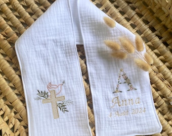 Écharpe étole de Baptême personnalisable -BLANC Pur  Gaze de Coton - Broderie