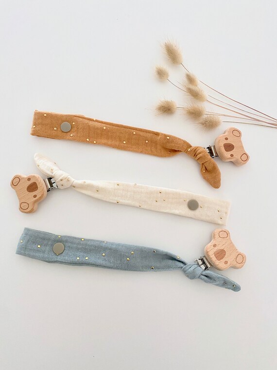 Nipple attachment Knotted GAZE POIS gold / Panda WOOD - Oekotex -gift birth - blanket attachment - lollipop attachment